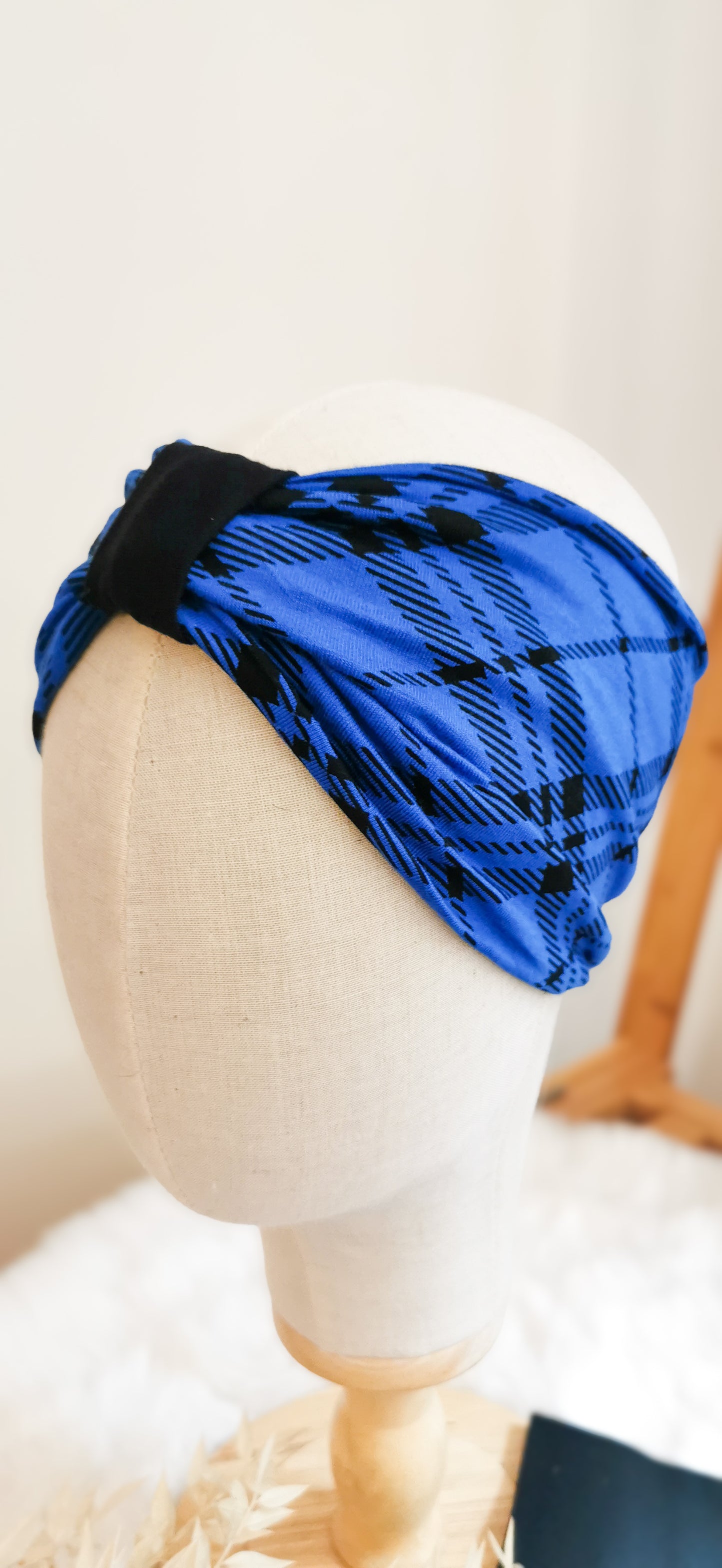 Turban Stirnband + Armstulpen blau/schwarz kariert